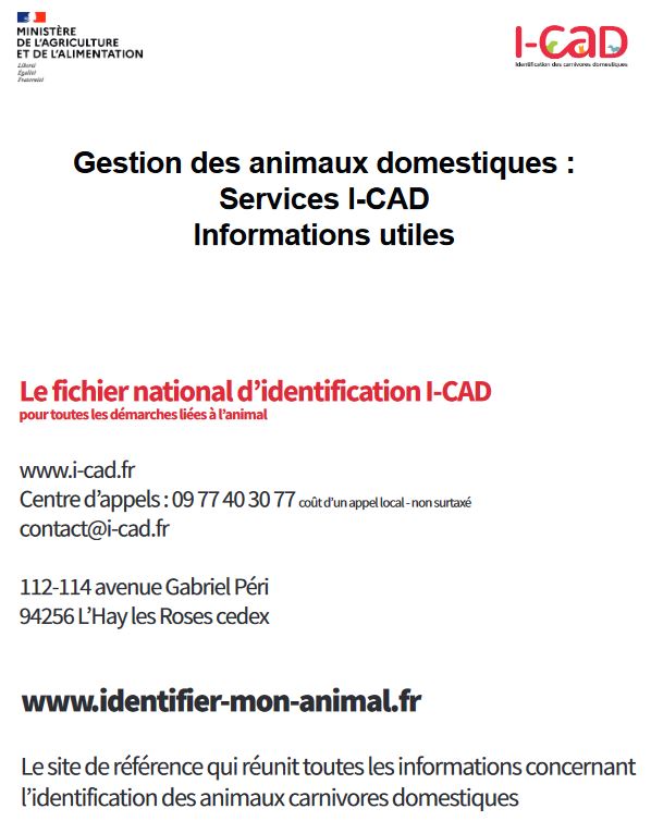 Informations utiles sur les Services I-CAD pour l'Identification des animaux domestiques 